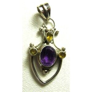 Art Nouveau 925 silver pale lavender purple & yellow stones Pendant scrollwork